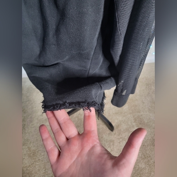 Elie Tahari Sport Mesh Sleeve Raw Hem Black Cotton French Terry Pullover Hoodie - Picture 10 of 11